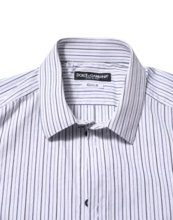 Dolce & Gabbana White Blue Striped Cotton GOLD Formal Men's Shirt -Lux Lair Store 7848149