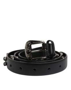 Dolce & Gabbana Black Studded Leather Metal Logo Buckle Men's Belt