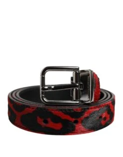 Dolce & Gabbana Black Red Leopard Silver Metal Buckle Men's Belt