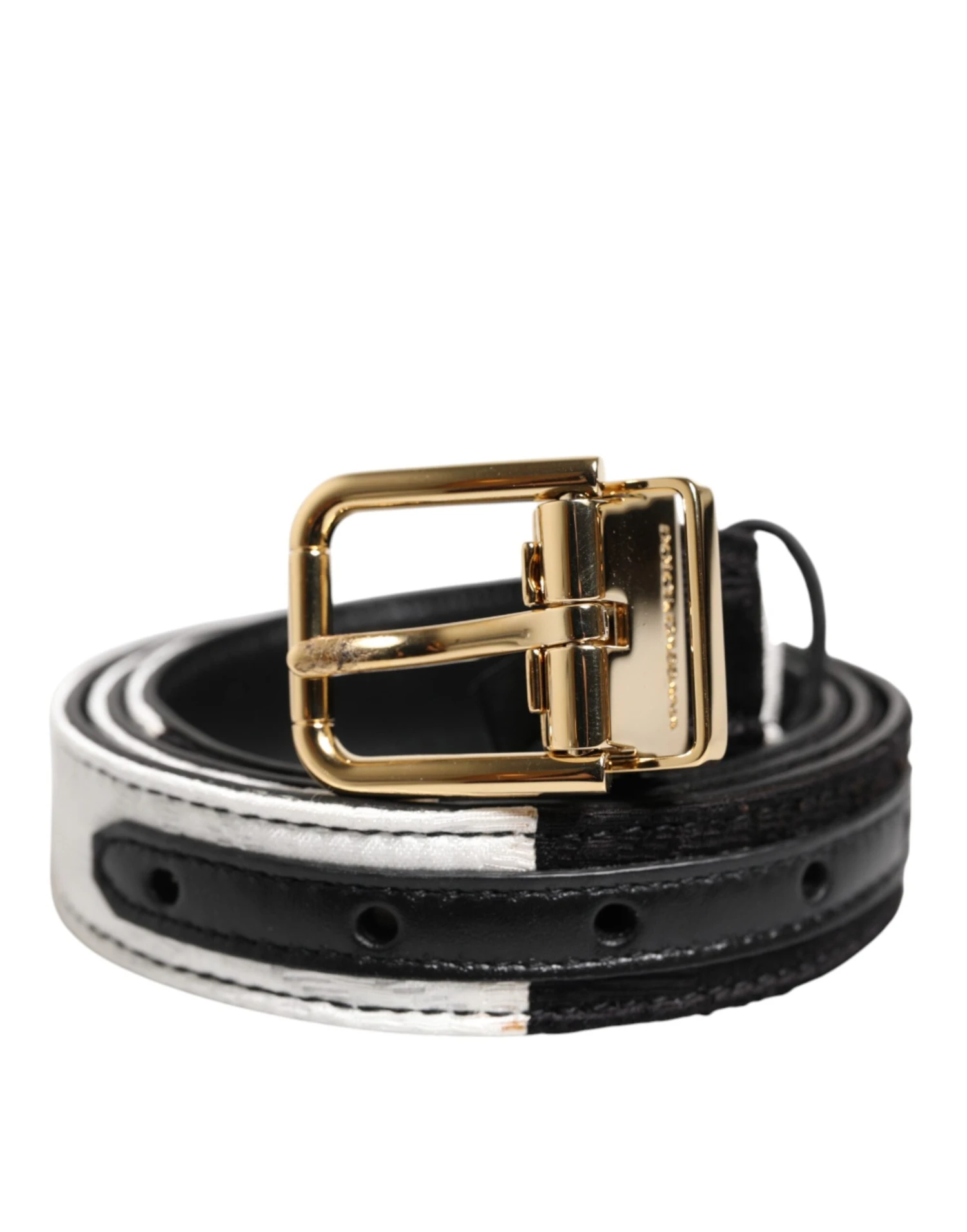 Dolce & Gabbana Black White Patchwork Gold Metal Buckle Women's Belt 3 Dolce & Gabbana Black White Patchwork Gold Metal Buckle Women's Belt