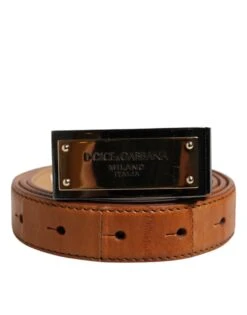 Dolce & Gabbana Browned Off Leather Gold DG Logo Buckle Men's Belt (Pre-Owned)