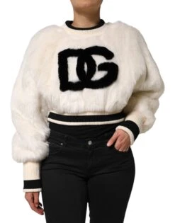 Dolce & Gabbana White Cropped Faux Fur DG Sweatshirt Women's Sweater