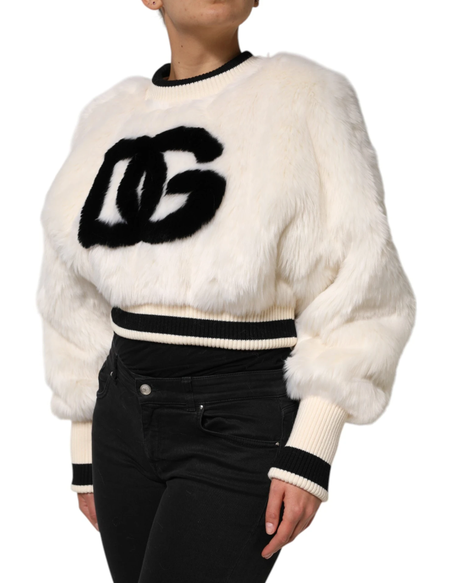 Dolce & Gabbana White Cropped Faux Fur DG Sweatshirt Women's Sweater 4 Dolce & Gabbana White Cropped Faux Fur DG Sweatshirt Women's Sweater - Image 2