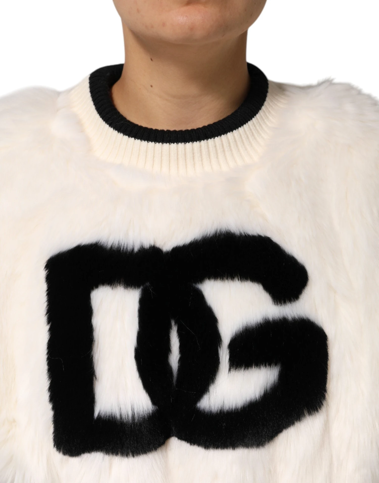 Dolce & Gabbana White Cropped Faux Fur DG Sweatshirt Women's Sweater 6 Dolce & Gabbana White Cropped Faux Fur DG Sweatshirt Women's Sweater - Image 4