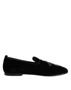 Dolce & Gabbana Black Velvet Embellished Loafer Slip On Men's Shoes