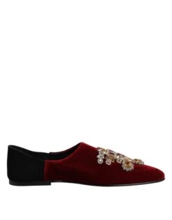 Dolce & Gabbana Black Red Velvet Embellished Slip On Men's Shoes