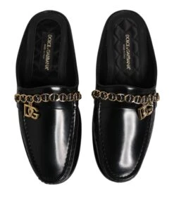 Dolce & Gabbana Black Leather DG Chain Embellished Sandals Men's Shoes -Lux Lair Store 8276872