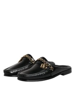 Dolce & Gabbana Black Leather DG Chain Embellished Sandals Men's Shoes -Lux Lair Store 8276875