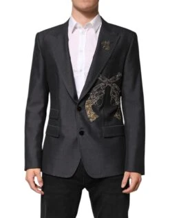 Dolce & Gabbana Dark Gray Bee Embroidery SICILIA Coat Men's Blazer