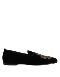 Dolce & Gabbana Black Velvet Gold Crown Mens Loafers Men's Shoes