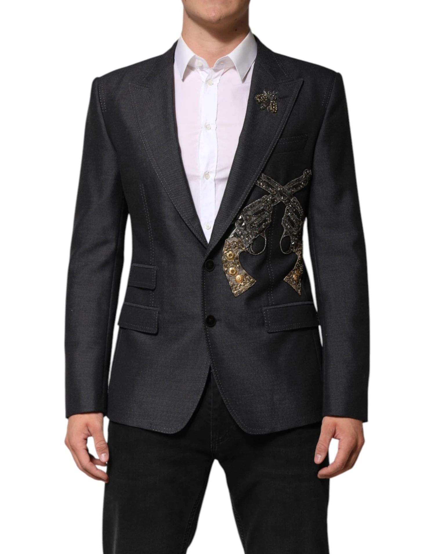 Dolce & Gabbana Dark Gray Bee Embroidery Wool Coat Men's Blazer 3 Dolce & Gabbana Dark Gray Bee Embroidery Wool Coat Men's Blazer