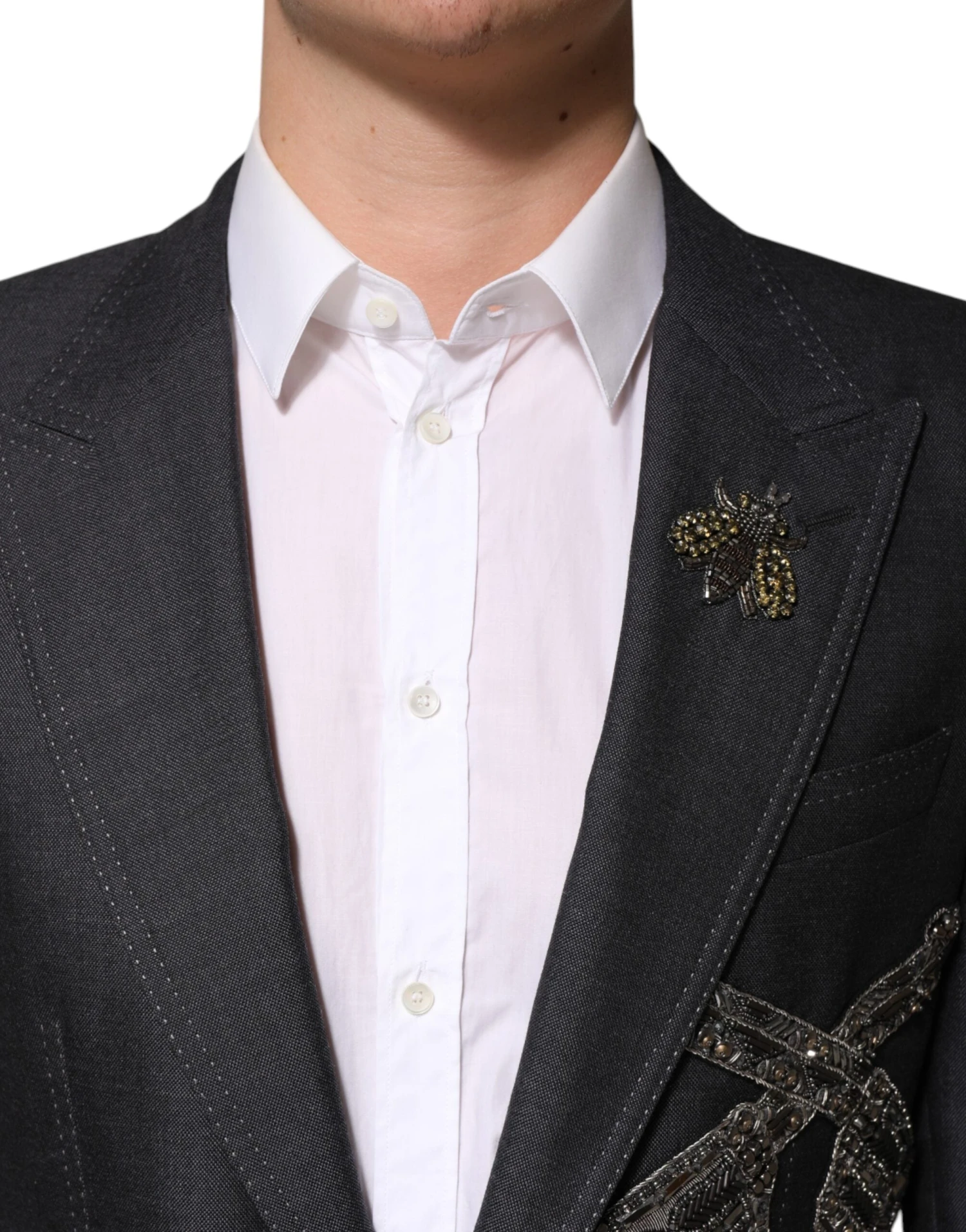 Dolce & Gabbana Dark Gray Bee Embroidery Wool Coat Men's Blazer 6 Dolce & Gabbana Dark Gray Bee Embroidery Wool Coat Men's Blazer - Image 4