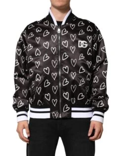 Dolce & Gabbana Black Polyester Heart Print Bomber Men's Jacket