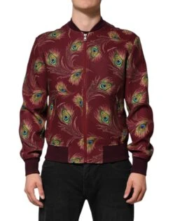 Dolce & Gabbana Maroon Peacock Feather Print Bomber Men's Jacket