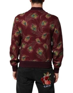 Dolce & Gabbana Maroon Peacock Feather Print Bomber Men's Jacket -Lux Lair Store 8450039