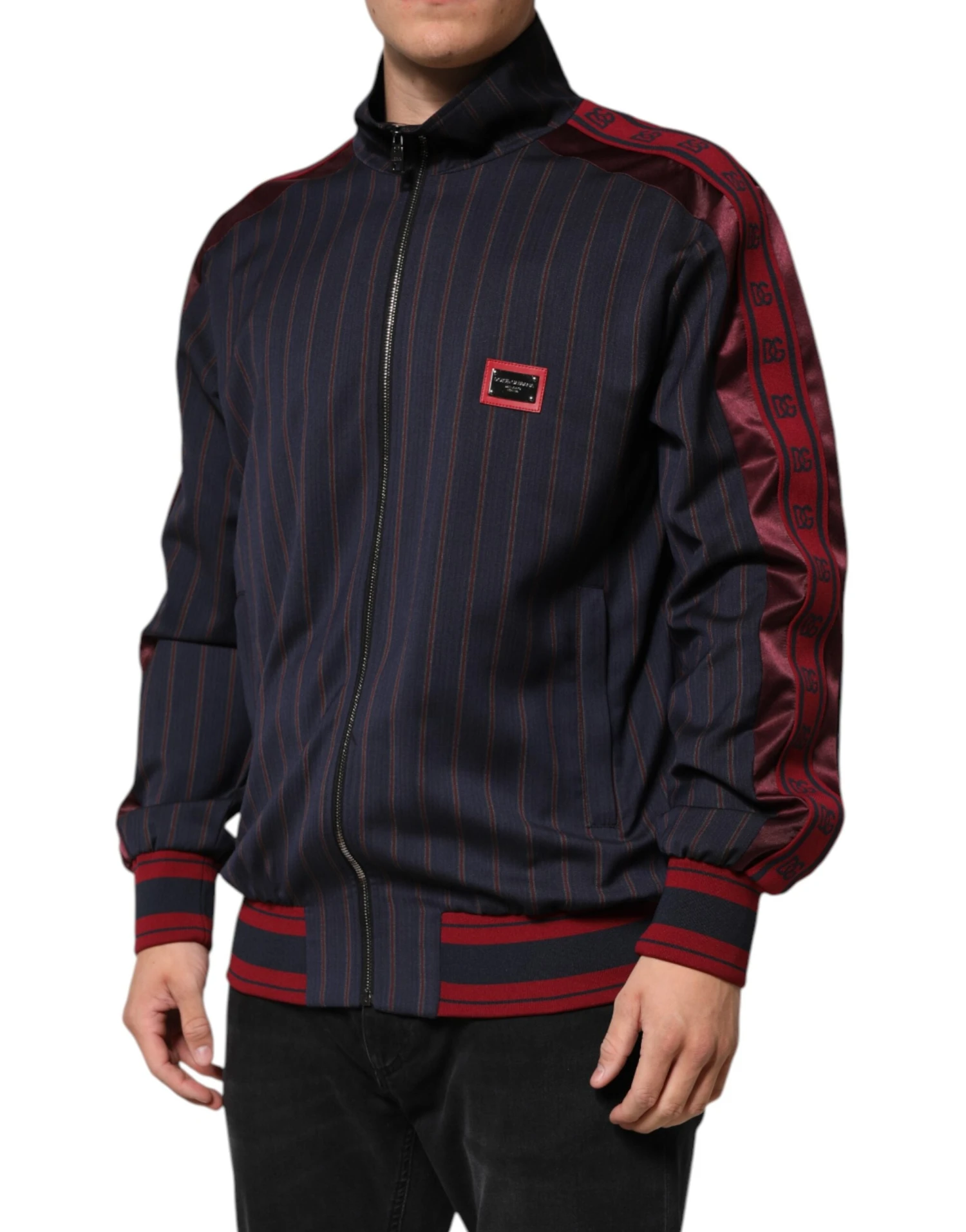 Dolce & Gabbana Blue Red Striped Logo Plaque Full Zip Men's Jacket 4 Dolce & Gabbana Blue Red Striped Logo Plaque Full Zip Men's Jacket - Image 2
