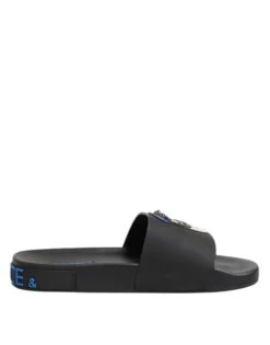 Dolce & Gabbana Black Leather Slides Flats Beachwear Men's Shoes