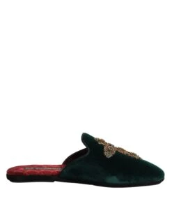 Dolce & Gabbana Green Velvet Cross Embellished Slippers Men's Shoes