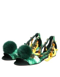 Dolce & Gabbana Green Mink Fur Satin Banana Leaf Sandals Women's Shoes -Lux Lair Store 8527325