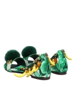Dolce & Gabbana Green Mink Fur Satin Banana Leaf Sandals Women's Shoes -Lux Lair Store 8527328