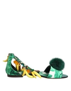 Dolce & Gabbana Green Mink Fur Satin Banana Leaf Sandals Women's Shoes