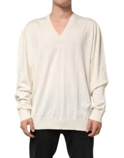 Dolce & Gabbana Ivory Virgin Wool Men V-Neck Knit Men's Sweater (Pre-Owned)
