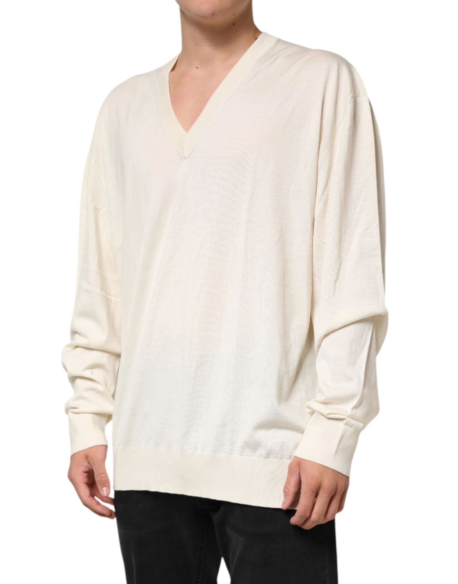 Dolce & Gabbana Ivory Virgin Wool Men V-Neck Knit Men's Sweater (Pre-Owned) 4 Dolce & Gabbana Ivory Virgin Wool Men V-Neck Knit Men's Sweater (Pre-Owned) - Image 2