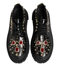 Dolce & Gabbana Black Leather Jeweled Crystals Derby Women's Shoes -Lux Lair Store 9007551