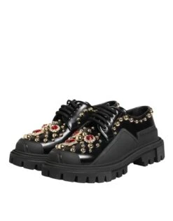 Dolce & Gabbana Black Leather Jeweled Crystals Derby Women's Shoes -Lux Lair Store 9007552