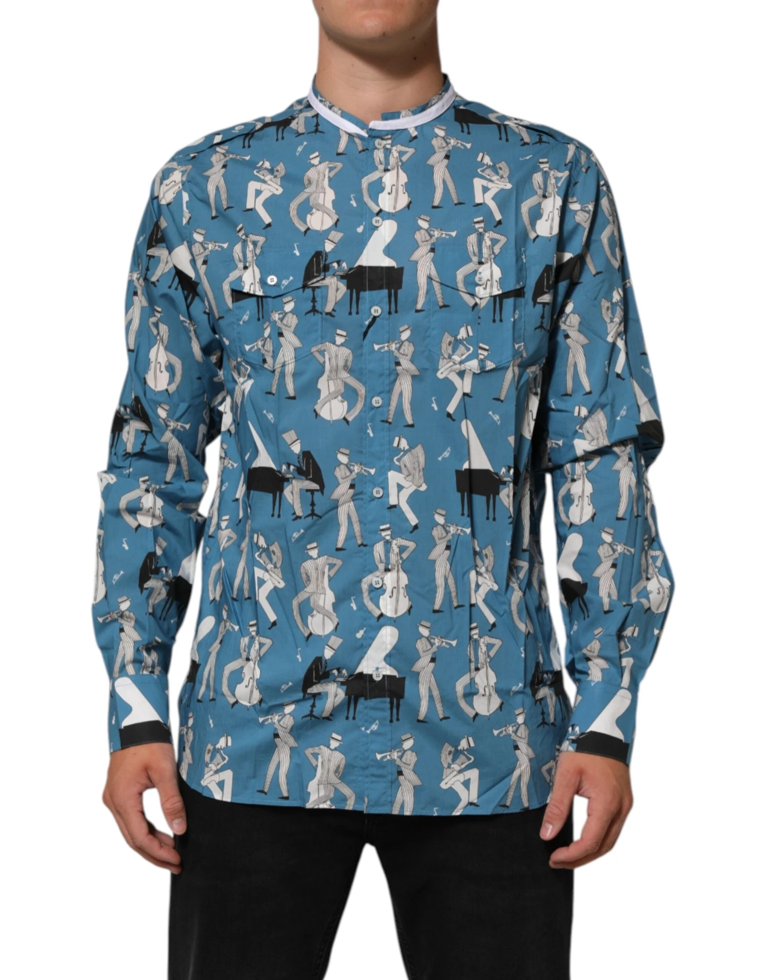 Dolce & Gabbana Blue Jazz Printed Cotton Button Front Men's Shirt 3 Dolce & Gabbana Blue Jazz Printed Cotton Button Front Men's Shirt