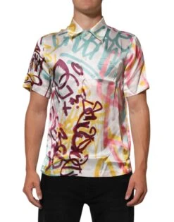 Dolce & Gabbana White Silk Hawaiian Graffiti Print Men Casual Men's Shirt