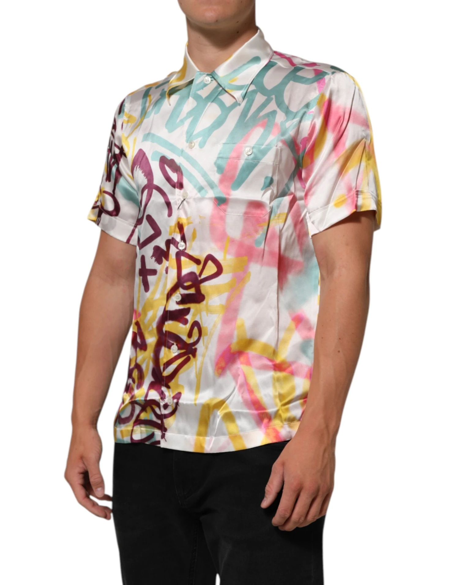 Dolce & Gabbana White Silk Hawaiian Graffiti Print Men Casual Men's Shirt 4 Dolce & Gabbana White Silk Hawaiian Graffiti Print Men Casual Men's Shirt - Image 2